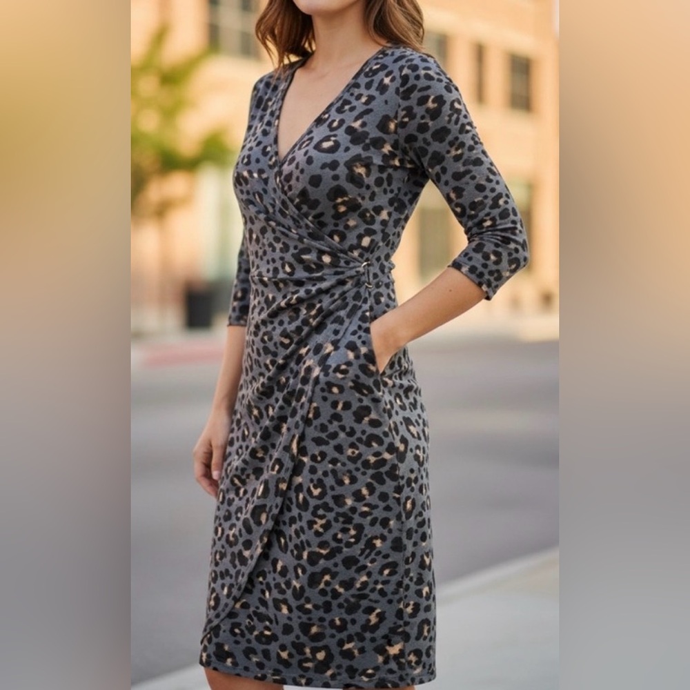 Ann Taylor EST 1954 Green/Black/Gray Animal Print Dress Faux Wrap Sz M